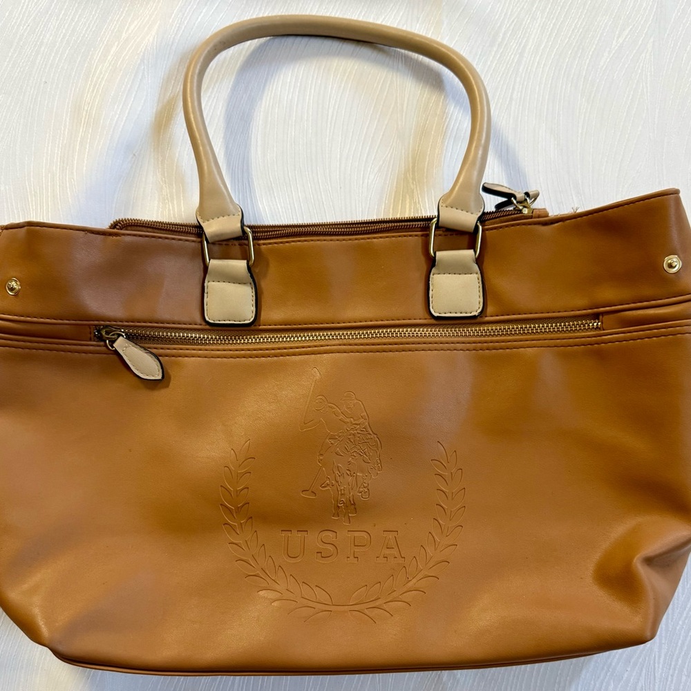 US Polo Assn Heritage Shopper Tote Bag Tan Faux Leather Preppy Logo Satchel